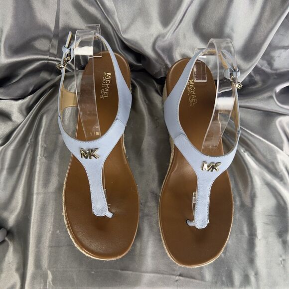 Michael Kors Laney Wedges Size 9 Leather Thong Espadrille Sandals Powder Blue💙 - Picture 4 of 17